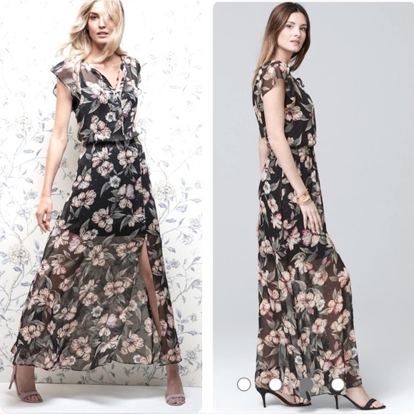 WHBM I White House Black Market Floral Chiffon Flutter Sleeves Maxi Dress - Picture 1 of 9